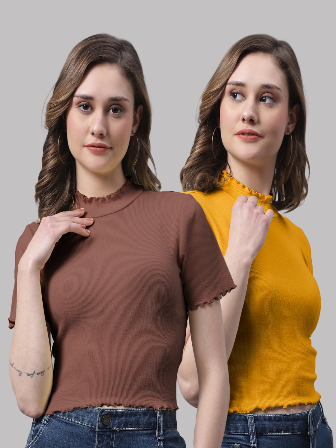 

FBAR Pack Of 2 High Neck Fitted Crop Tops, Brown