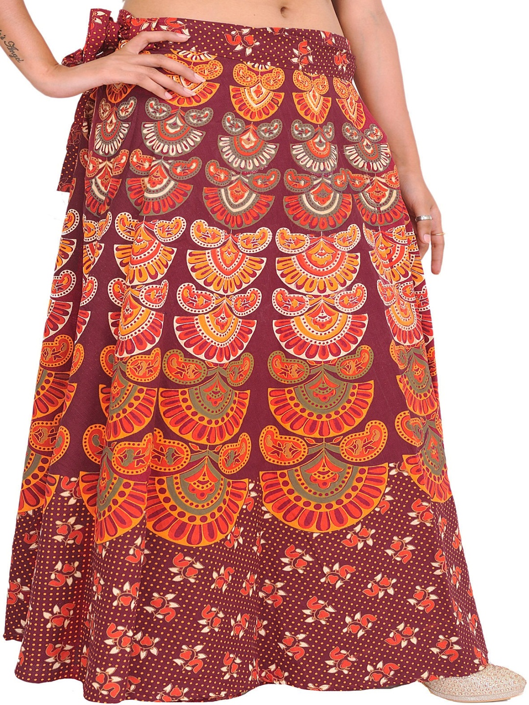 

Exotic India Printed Pure Cotton Wrap Maxi Skirts, Brown