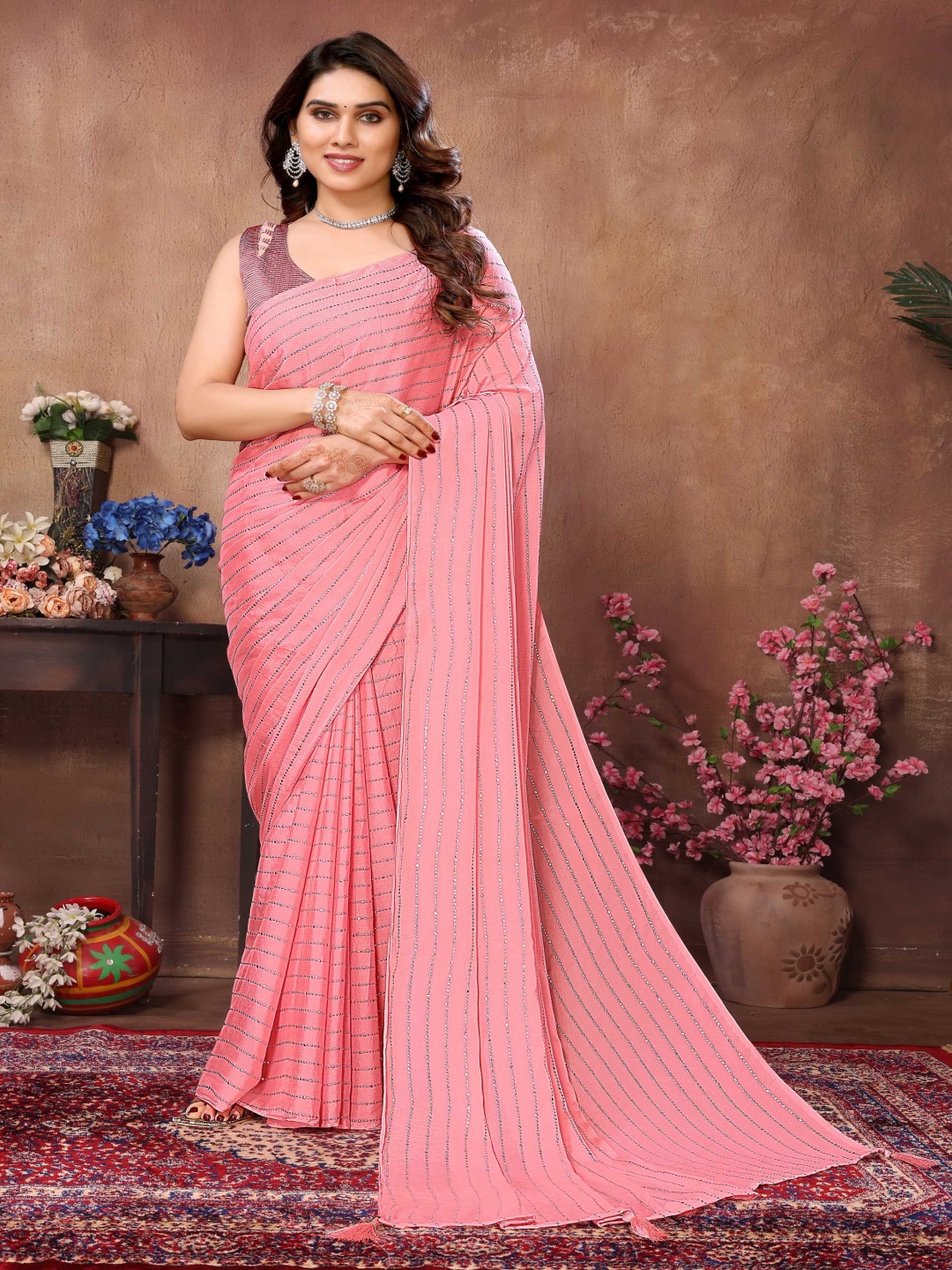 

Panzora Embellished Beads and Stones Satin Saree, Pink