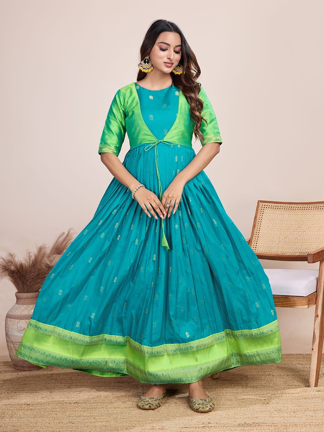 

Tasarika Printed Round Neck Maxi Ethnic Dress, Sea green