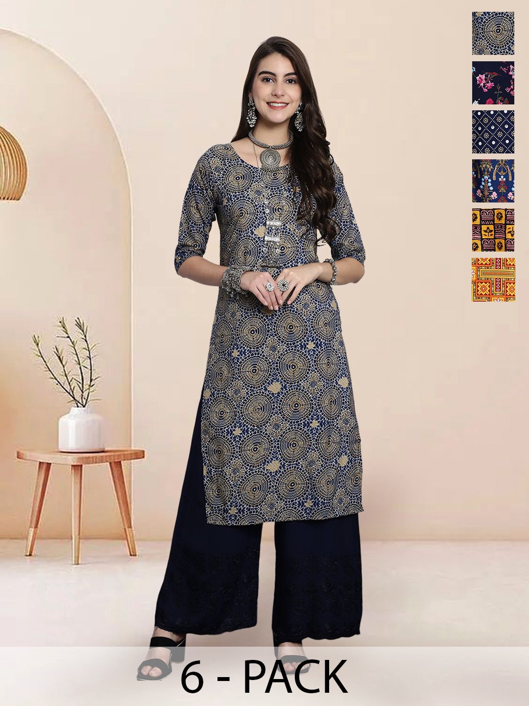 

7Threads Selection Of 6 Ethnic Motifs Printed Round Neck Straight Kurta, Navy blue