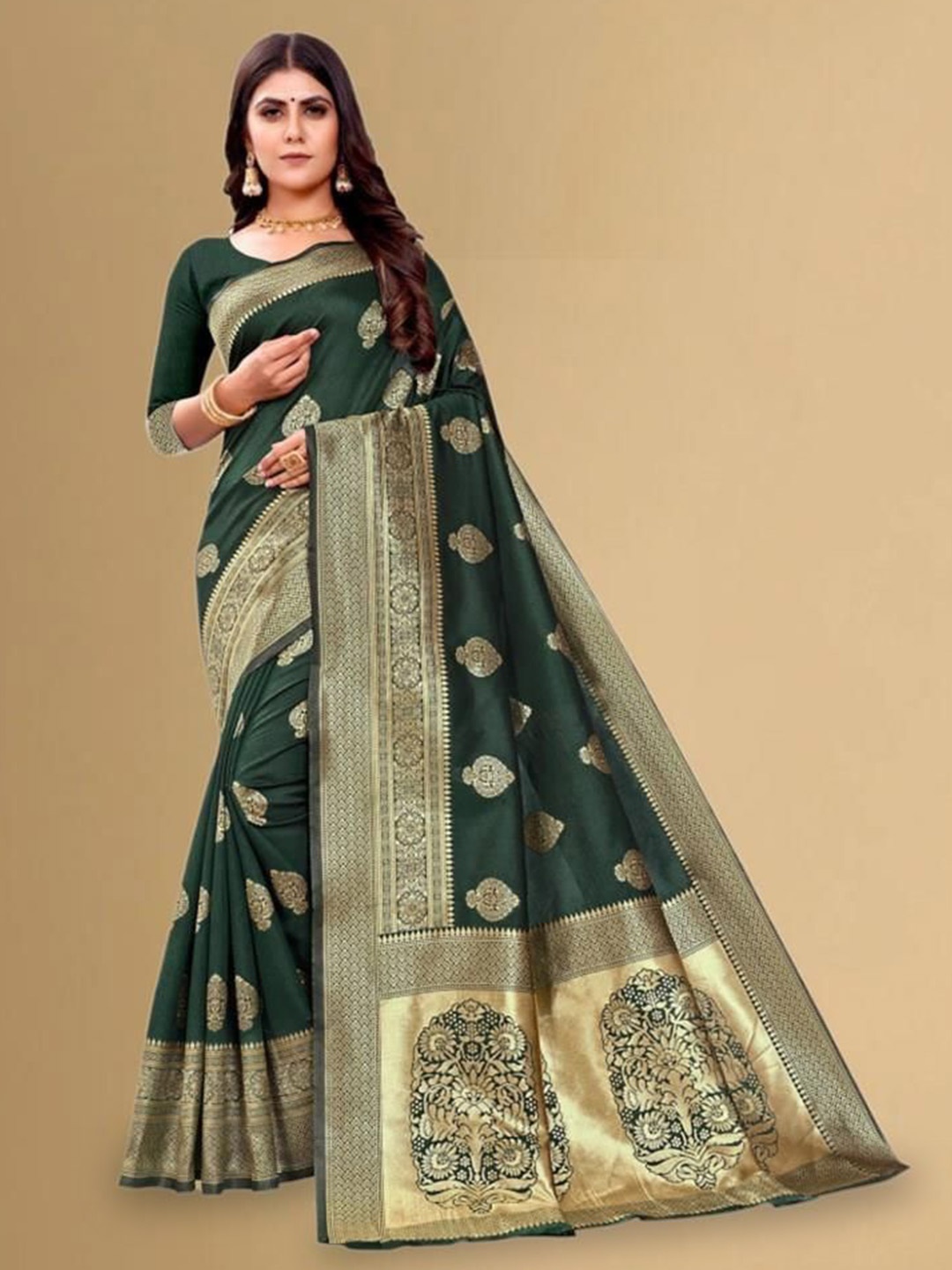 

Melok Woven Design Zari Silk Blend Banarasi Saree, Green