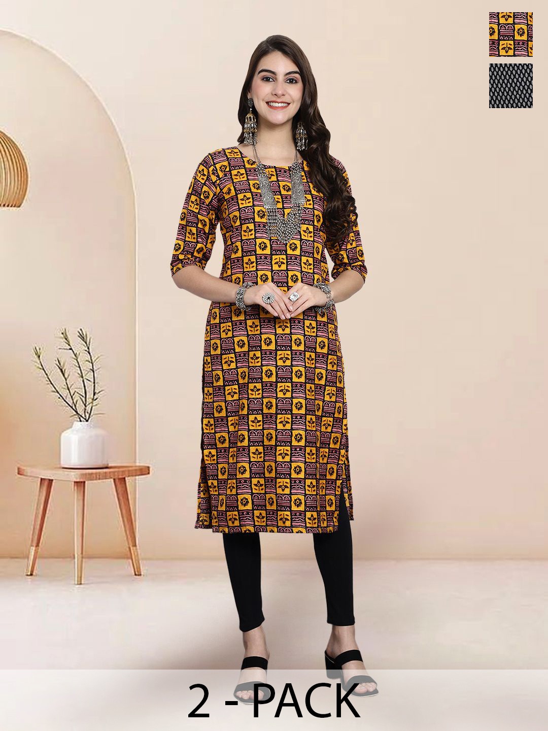 

7Threads Selection Of 2 Ethnic Motifs Printed Round Neck Straight Kurtas, Black