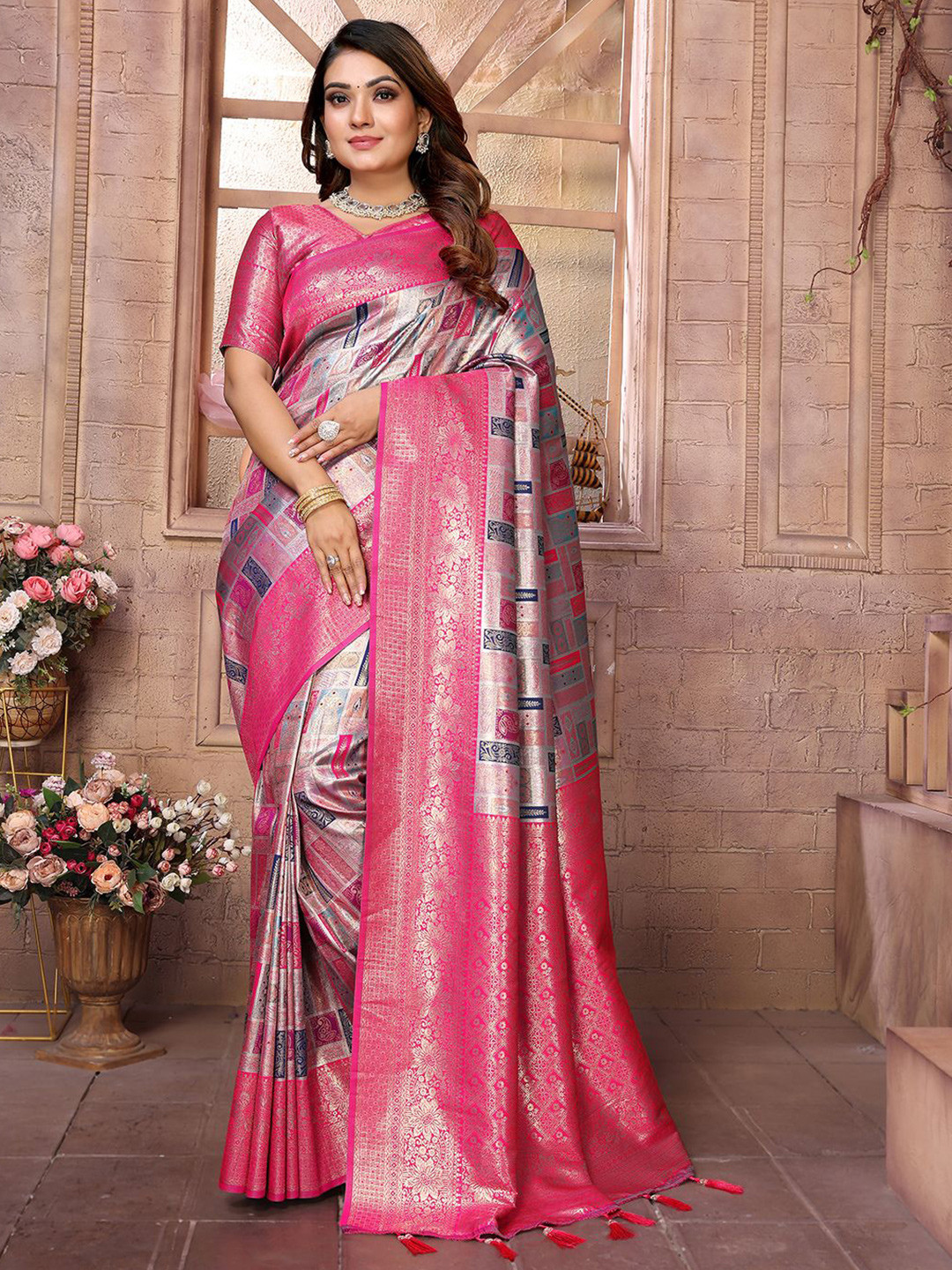 

Panzora Woven Design Zari Silk Blend Banarasi Saree, Pink