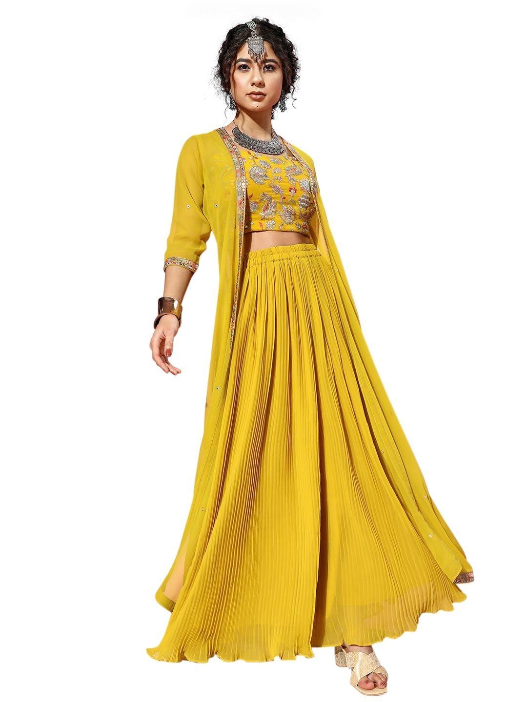 

Fashion Ritmo Embroidered Top & Palazzo With Shrug, Yellow