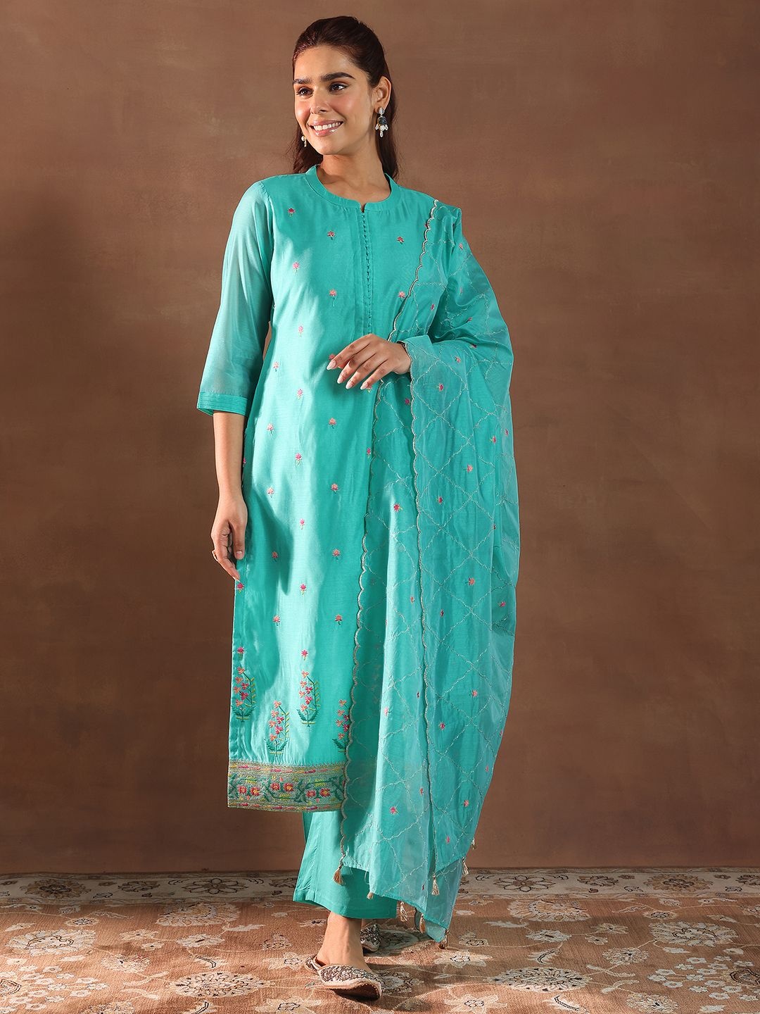 

Libas Floral Embroidered Chanderi Silk Straight Kurta with Trousers & With Dupatta, Turquoise blue