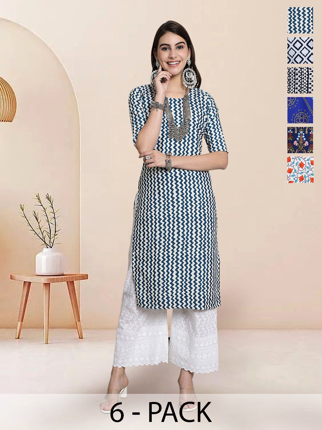 

7Threads Selection of 6 Chevron Printed Round Neck Straight Kurtas, White