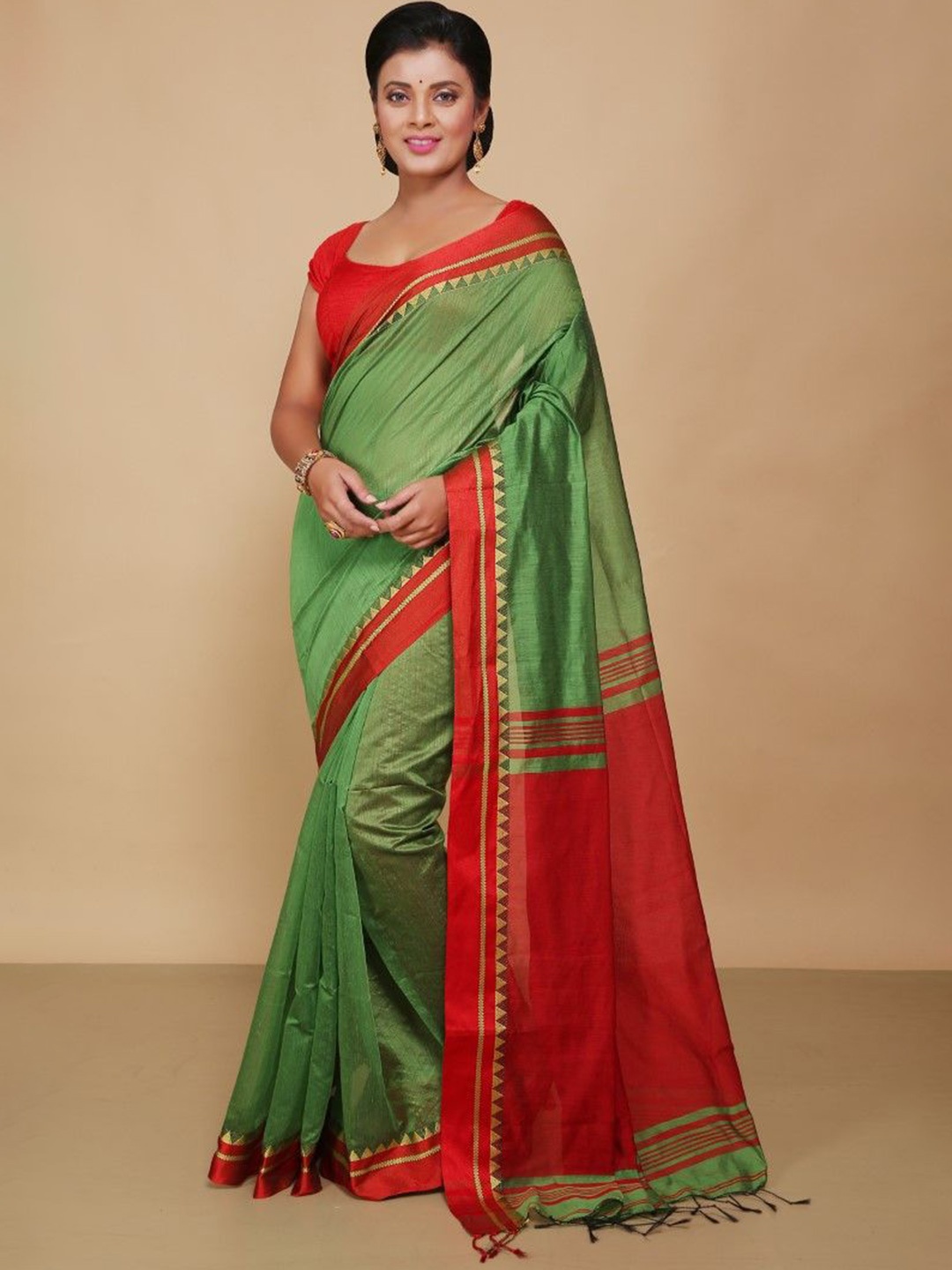 

BENGAL HANDLOOM Zari Art Silk Taant Saree, Green