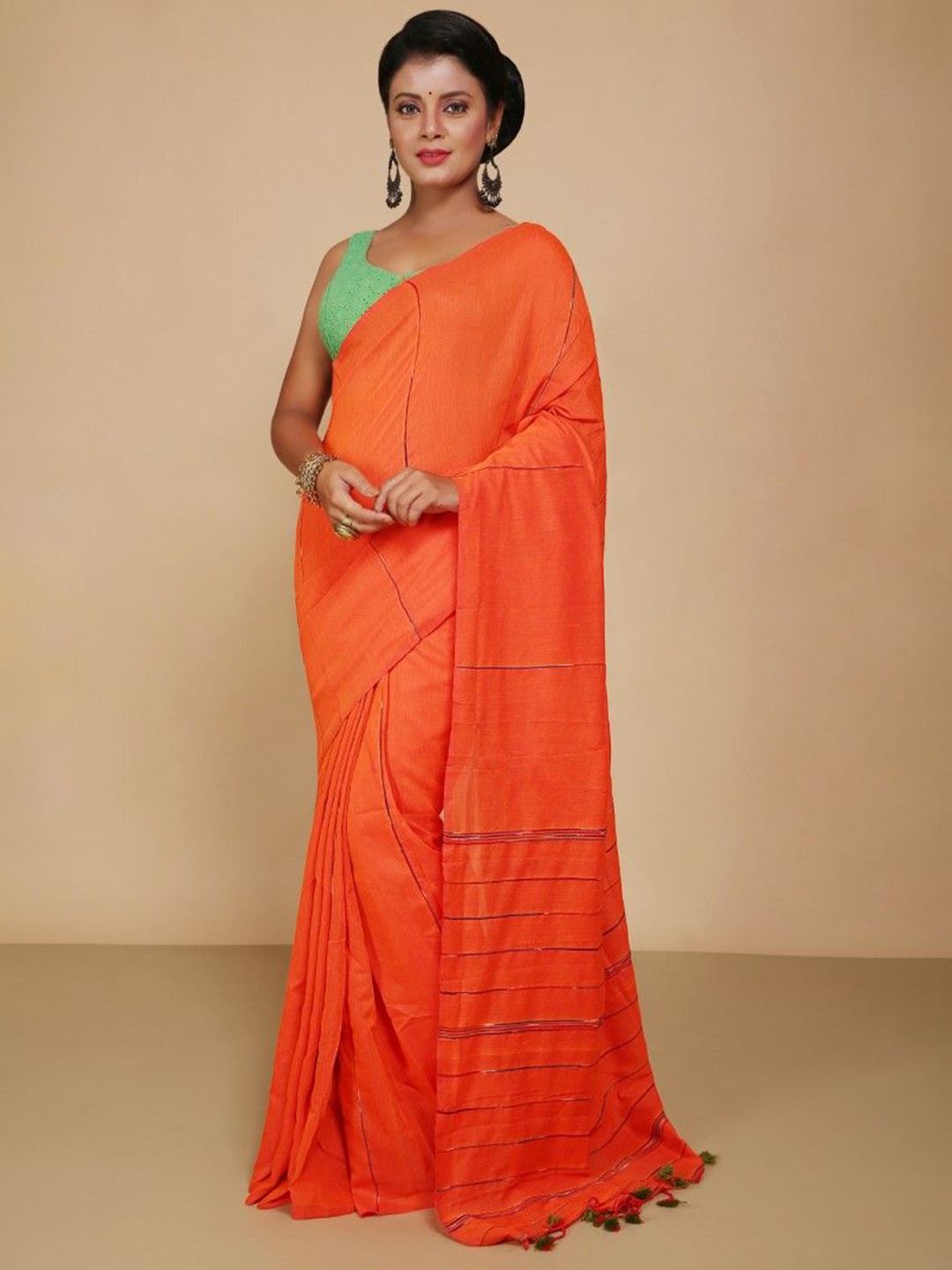 

BENGAL HANDLOOM Striped Art Silk Taant Saree, Orange