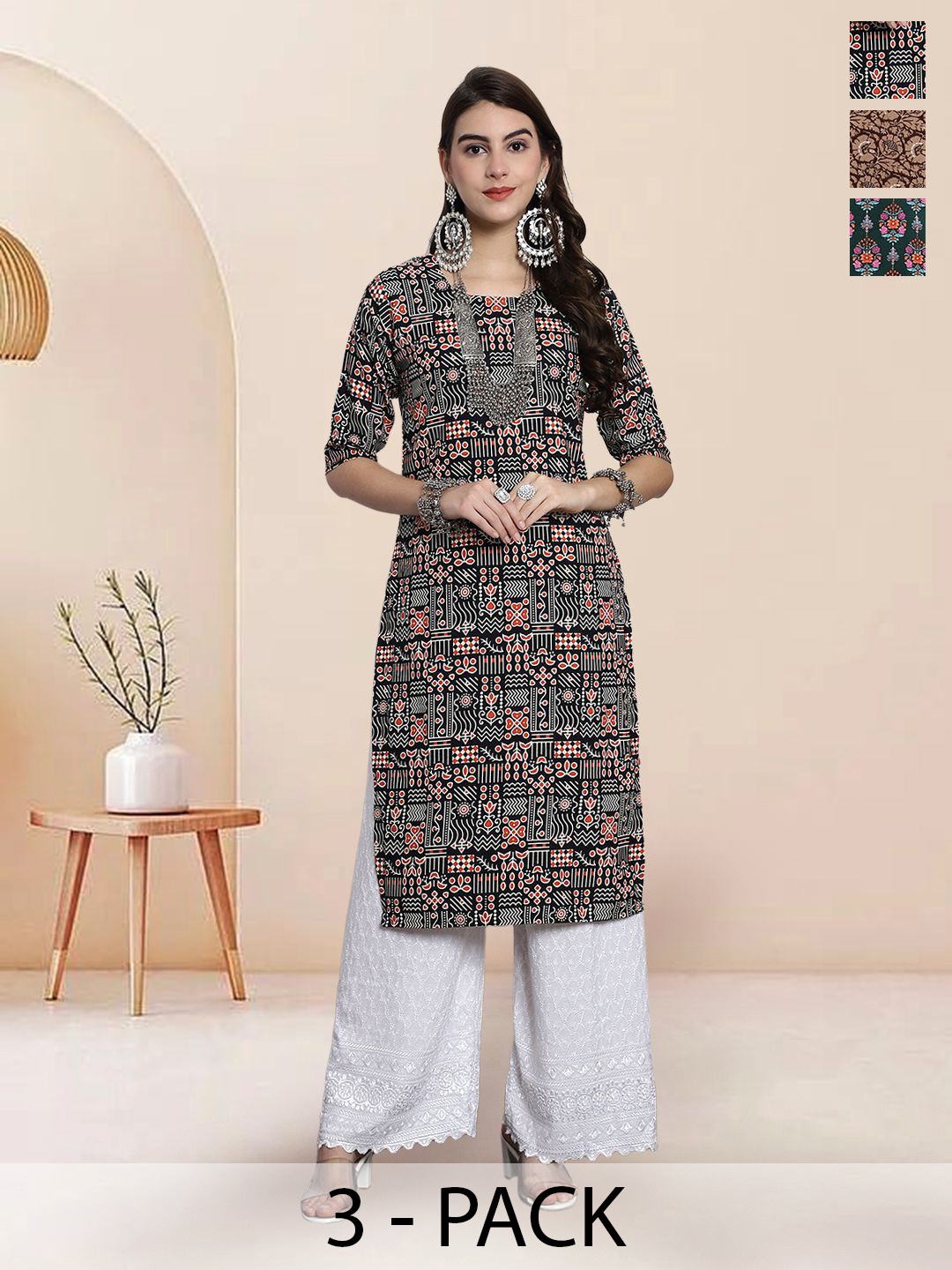 

7Threads Selection Of 5 Ethnic Motifs Printed Straight Kurtas, Black