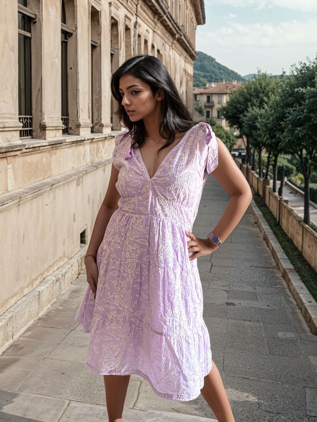 

Isthitos Embroidered Puff Sleeve A-Line Dress, Purple