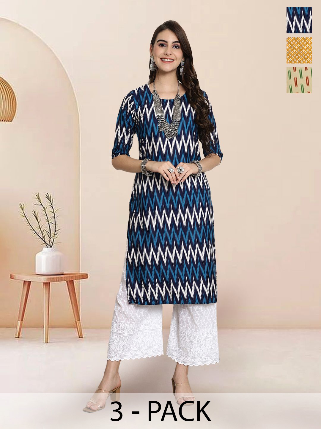 

7Threads Selection Of 3 Chevron Printed Round Neck Straight Kurtas, Black