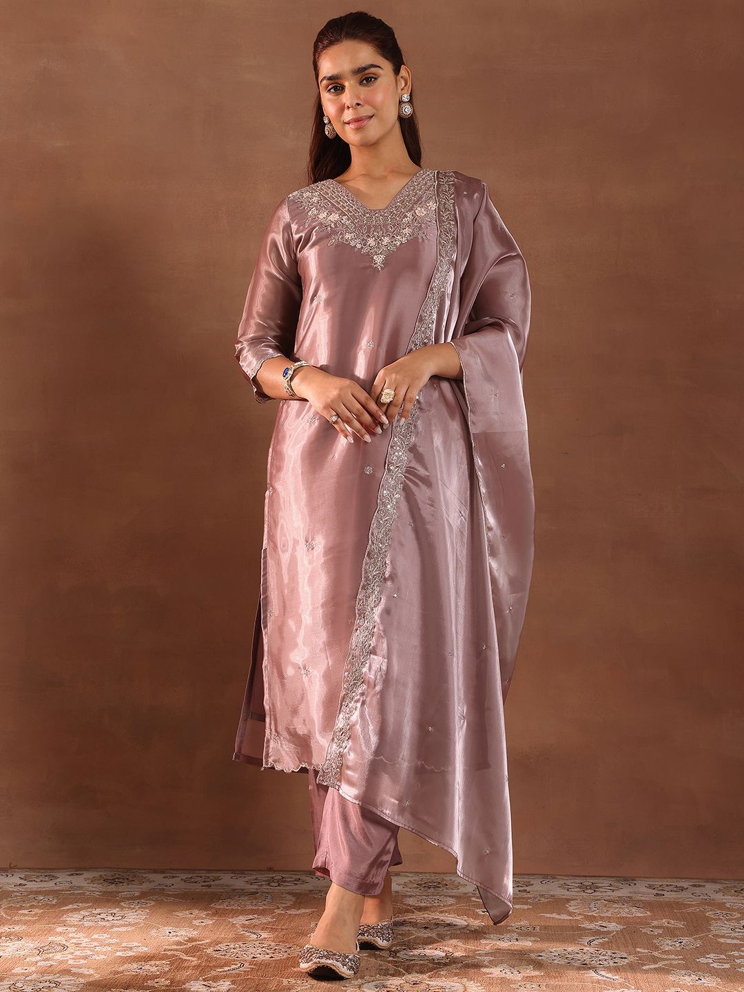 

Libas Yoke Design Beads and Stones Straight Kurta with Trousers & Dupatta, Mauve