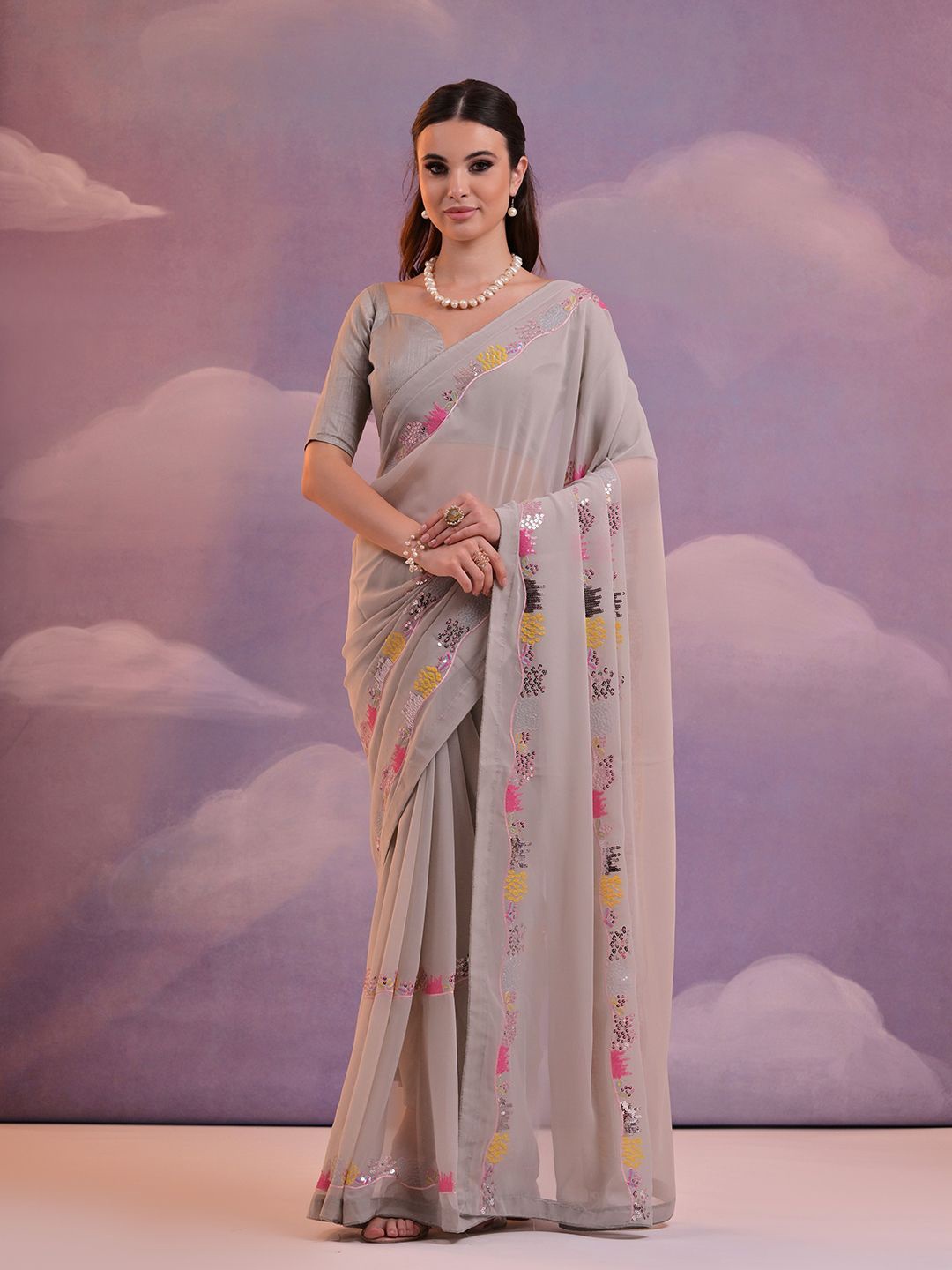 

KALINI Ethnic Motifs Embroidered Poly Georgette Designer Saree, Grey