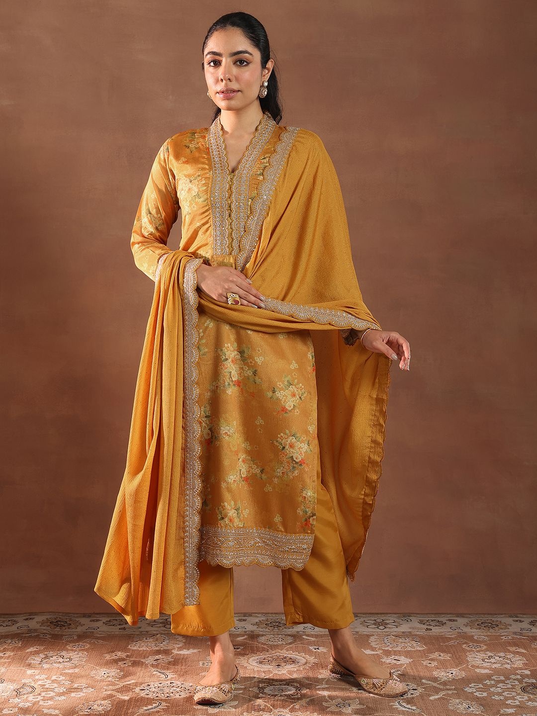 

Libas Floral Printed V-Neck Thread Work Kurta With Trousers & Dupatta, Mustard