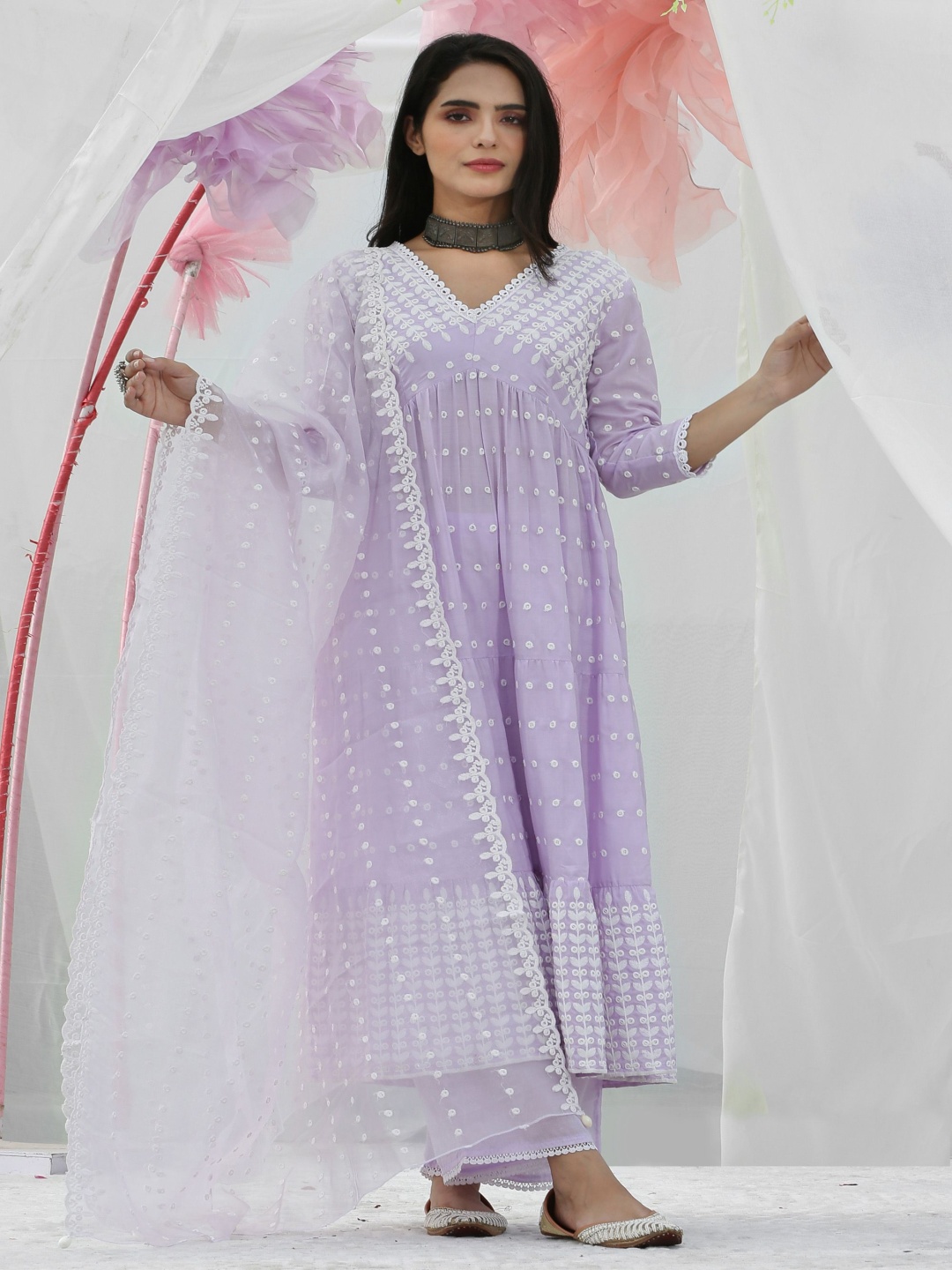 

SEW Floral Embroidered Mirror Work Empire Pure Cotton A-Line Kurta With Palazzos & Dupatta, Lavender