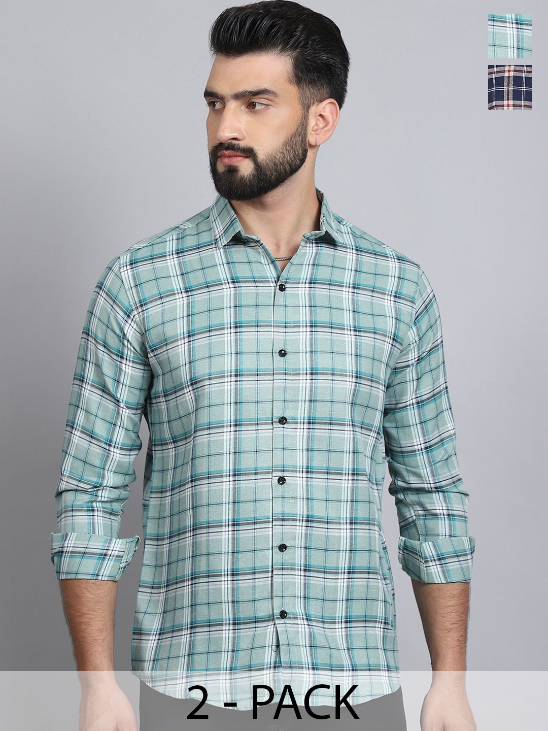 

Tanip Men Pack Of 2 Spread Collar Tartan Checked Cotton Casual Shirts, Green