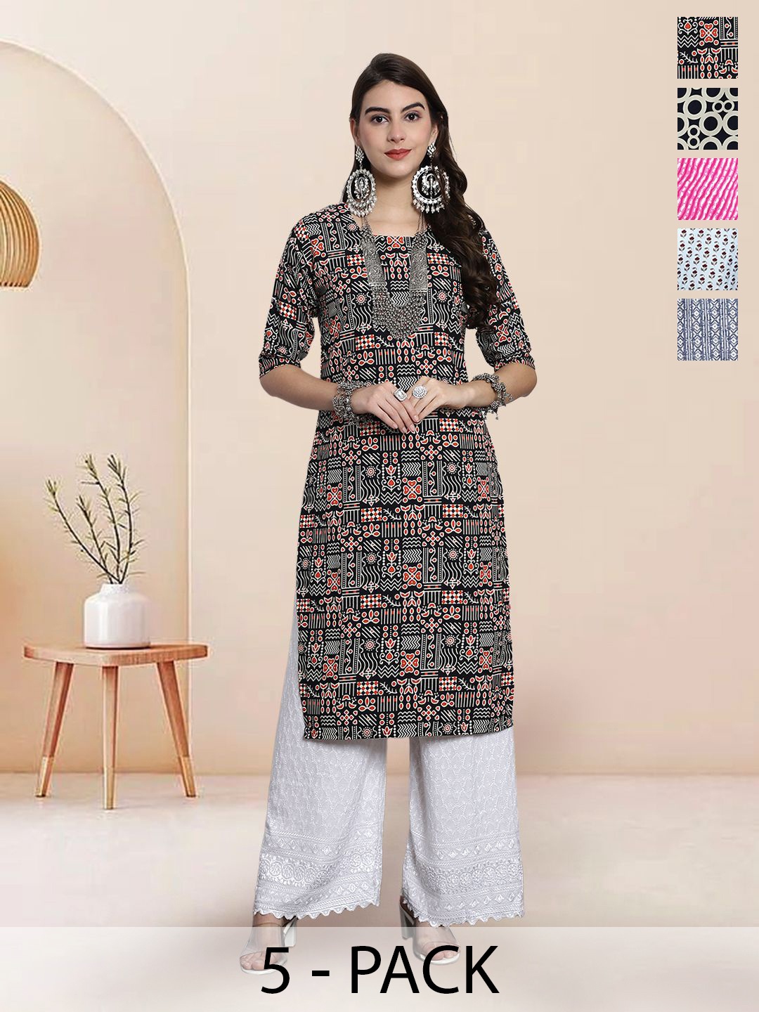 

7Threads Selection Of 5 Ethnic Motifs Printed Round Neck Straight Kurtas, Black