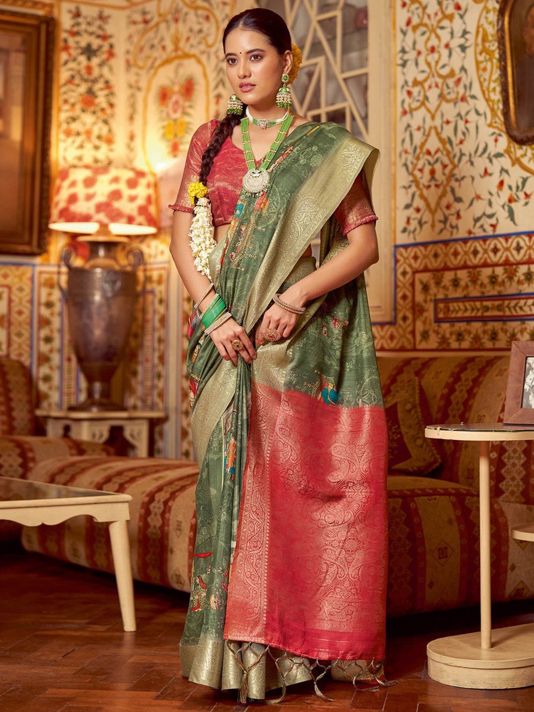 

Mitera Kalamkari Sungudi Saree, Sea green