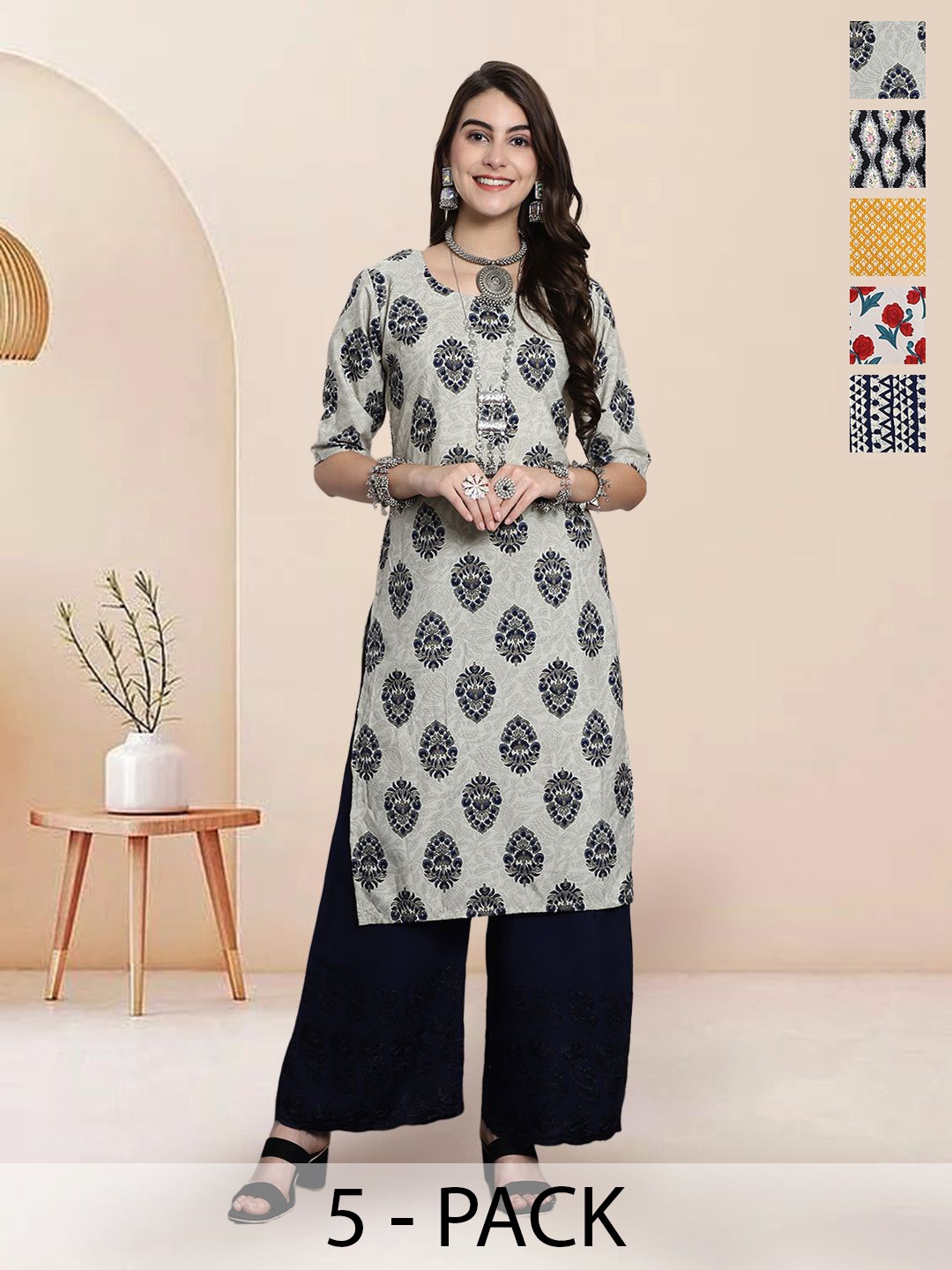 

7Threads Selection of 5 Ethnic Motifs Printed Round Neck Straight Kurtas, Navy blue