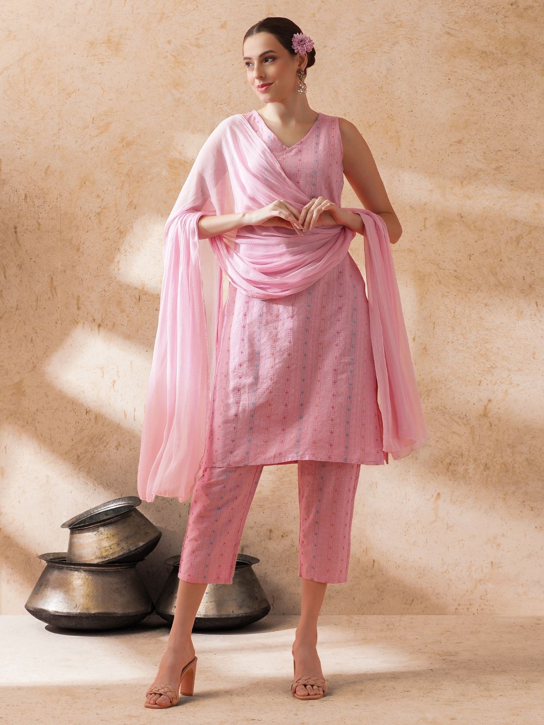 

STYLEBAAZI Woven Design V-Neck Straight Pure Cotton Kurta With Trouser & Dupatta, Pink