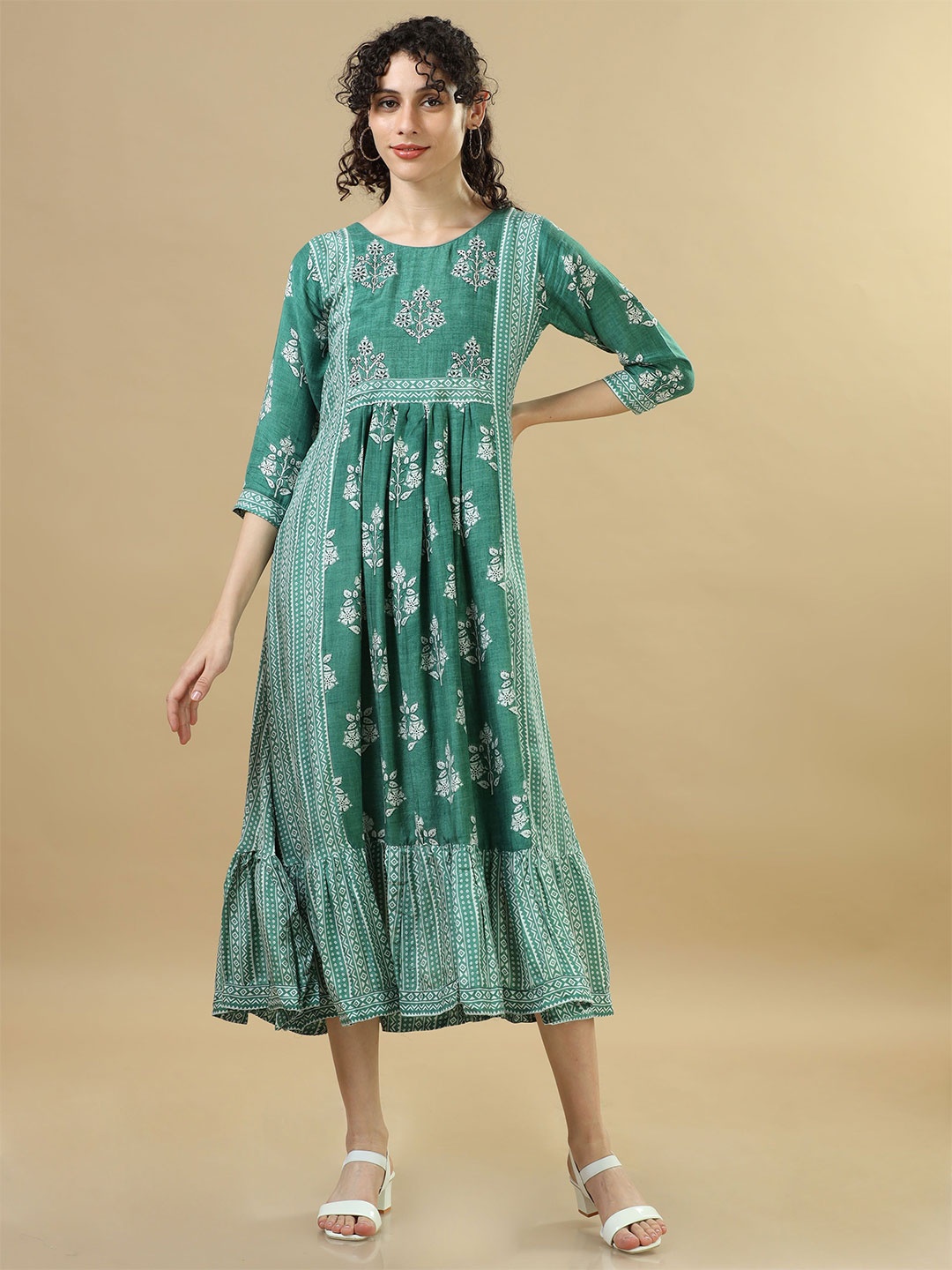 

Hassu's Ethnic Motifs Print A-Line Midi Dress, Green