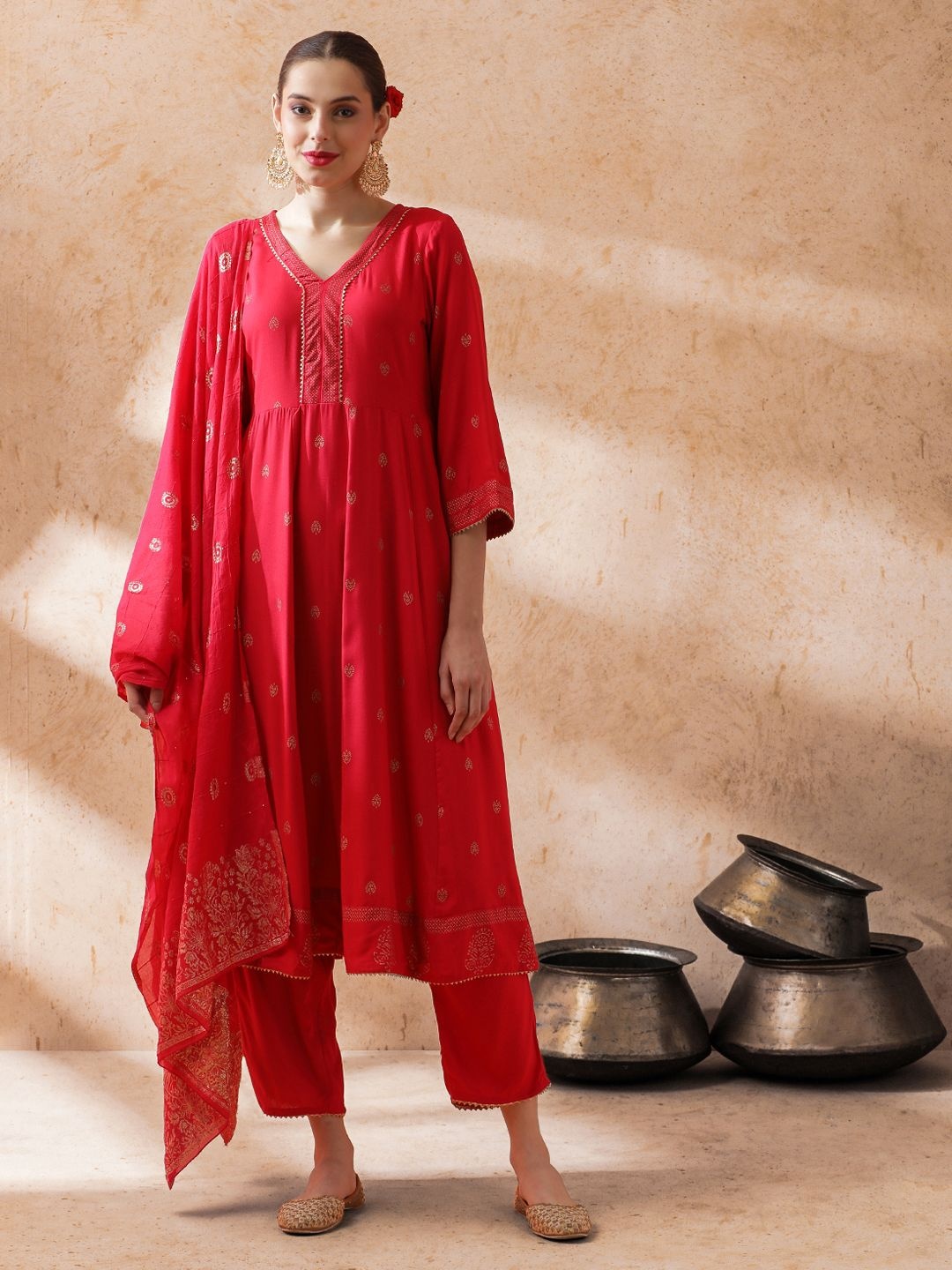 

STYLEBAAZI Ethnic Motifs Printed V-Neck Gotta Patti Anarkali Kurta With Trouser & Dupatta, Red