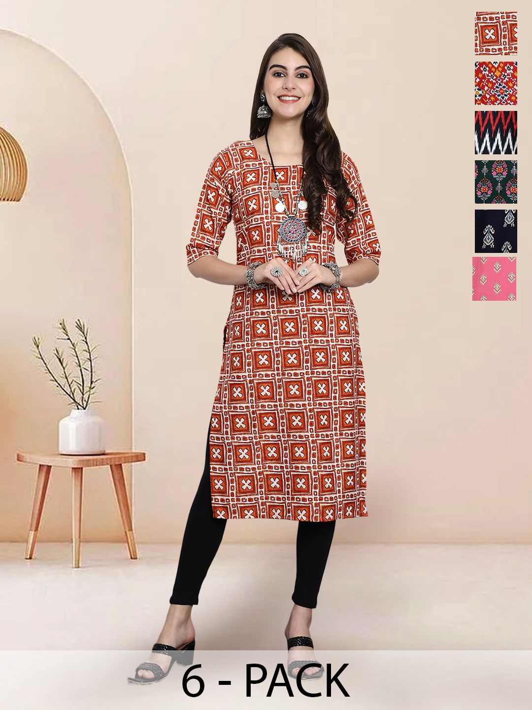 

7Threads Selection Of 6 Ethnic Motifs Printed Round Neck Kurtas, Orange