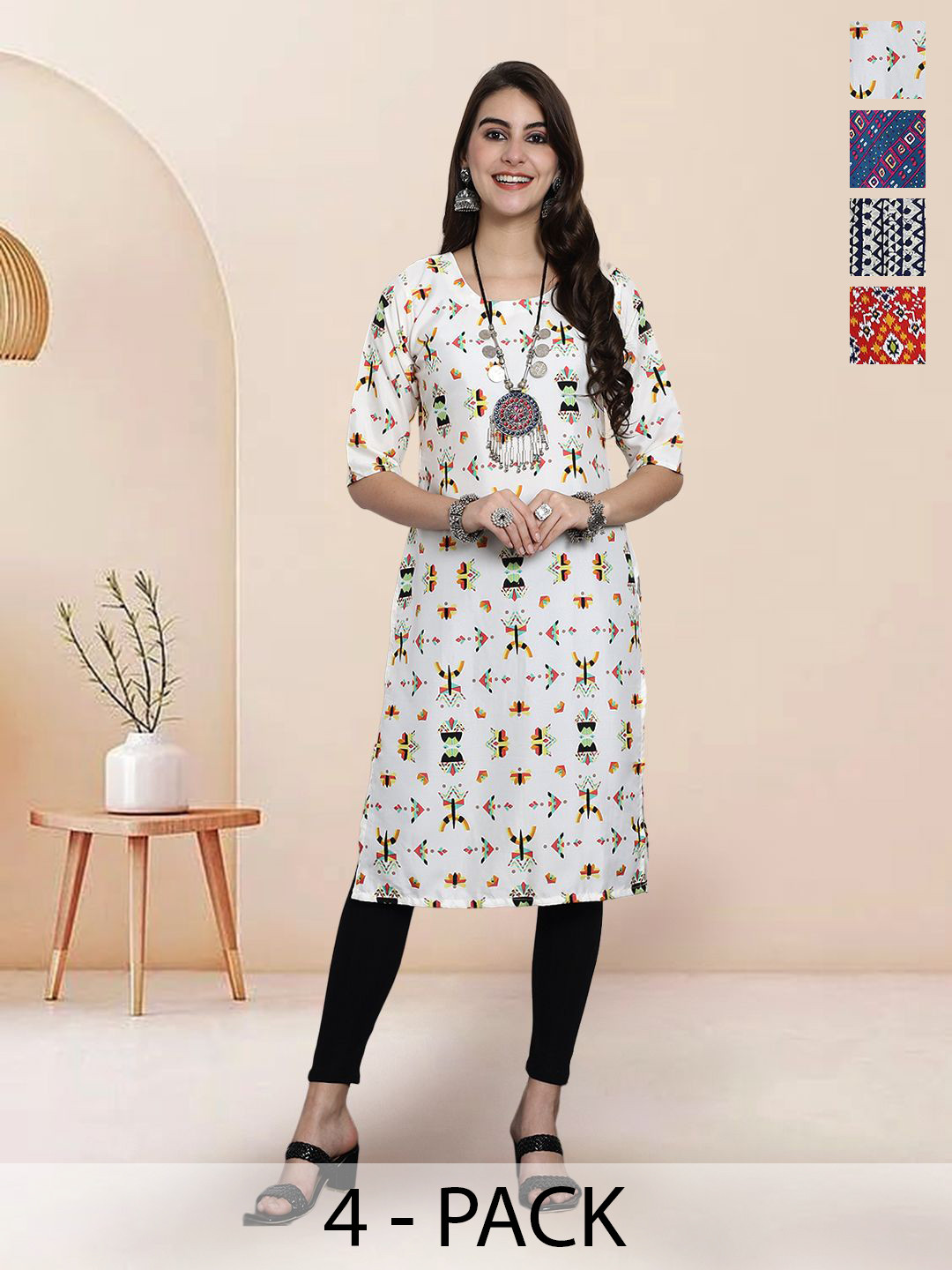 

7Threads Selection Of 4 Ethnic Motifs Printed Straight Kurtas, White