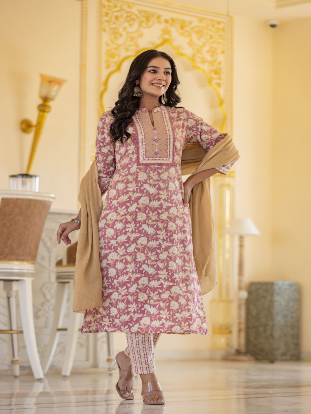 

AARDRAA Floral Printed Sequinned Pure Cotton Straight Kurta With Trousers & Dupatta, Pink