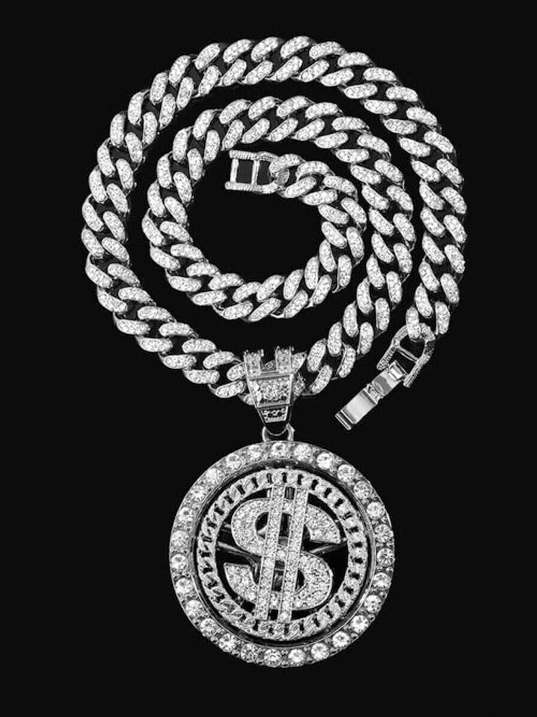 

KRENOZ Men Sterling Silver-Plated CZ-Studded Cuban Bling Dollar Pendant With Chain