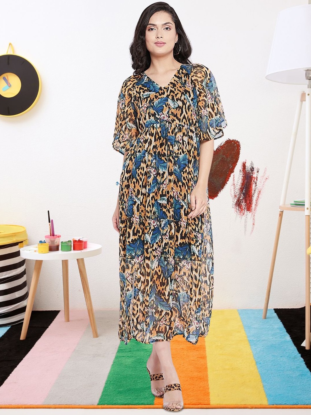 

DressBerry Animal Print Flared Sleeve Georgette A-Line Maxi Dress, Multi