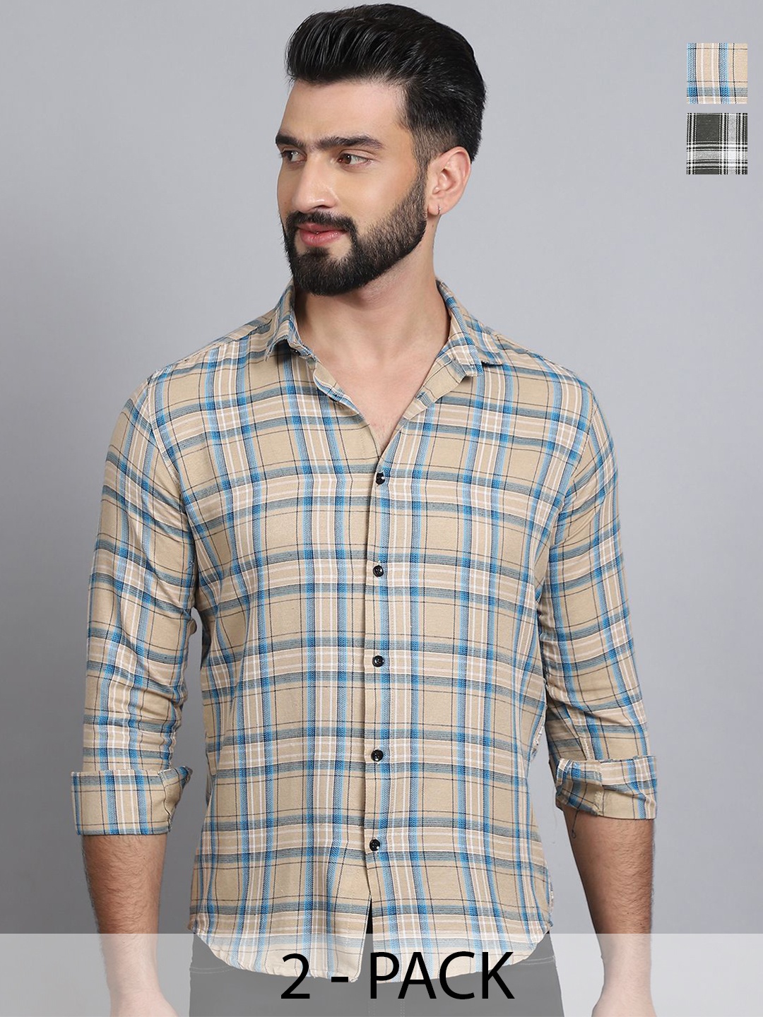 

Tanip Men Pack Of 2 Spread Collar Tartan Checked Cotton Casual Shirts, Beige