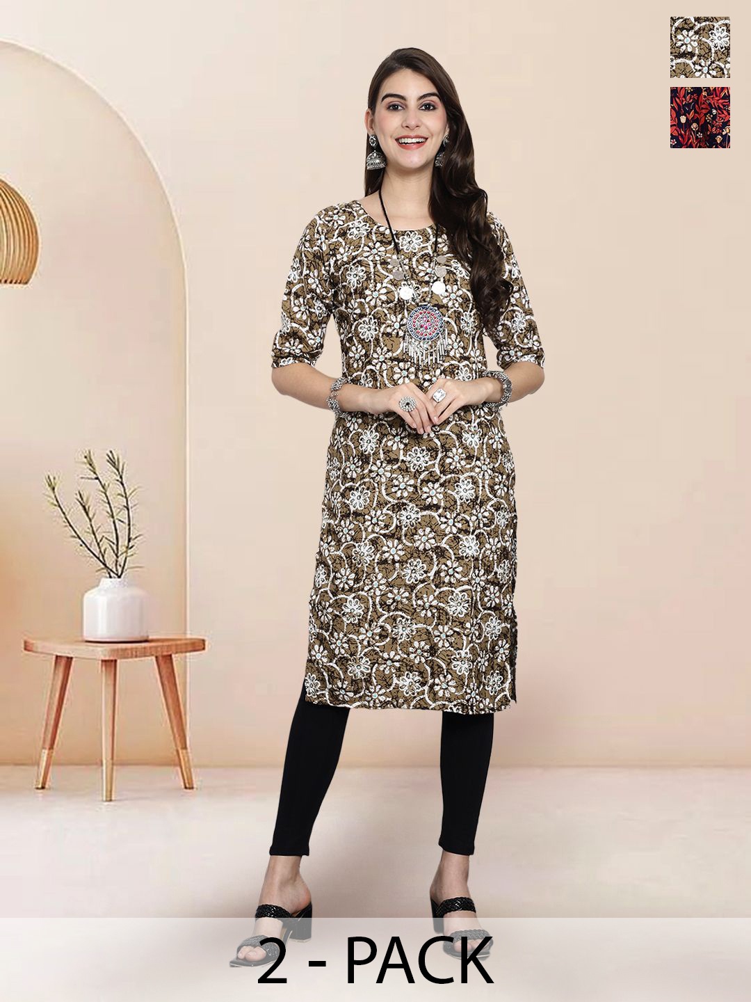 

7Threads Selection Of 2 Floral Printed Round Neck Straight Kurtas, Green