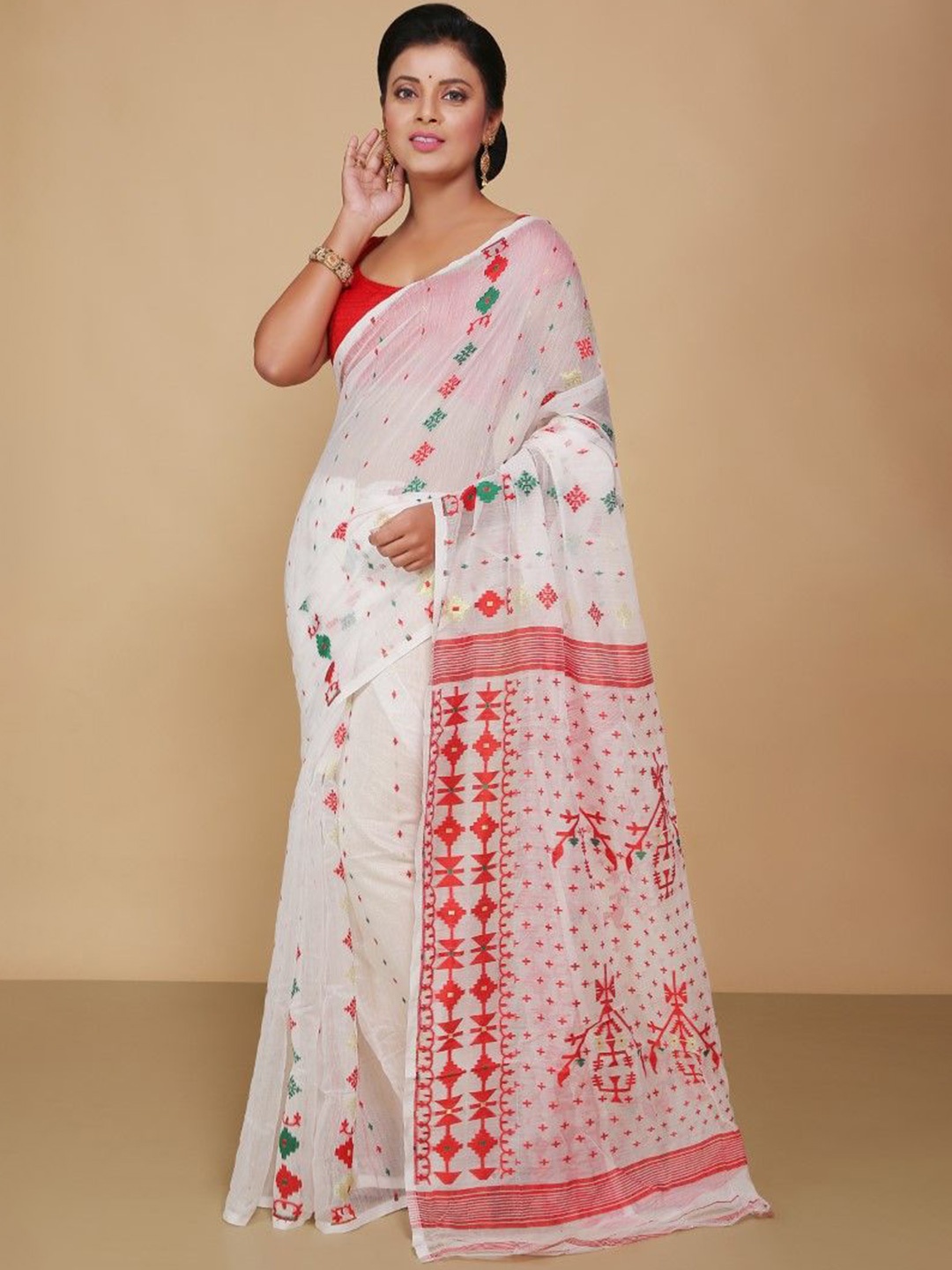 

BENGAL HANDLOOM Woven Design Art Silk Jamdani Saree, White