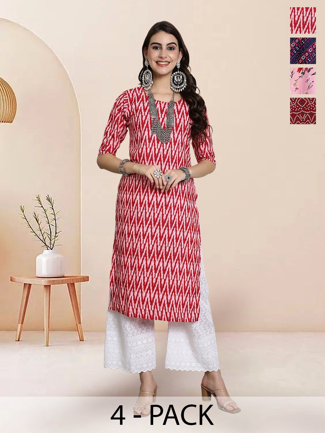 

7Threads Selection Of 4 Chevron Printed Round Neck Straight Kurtas, Red