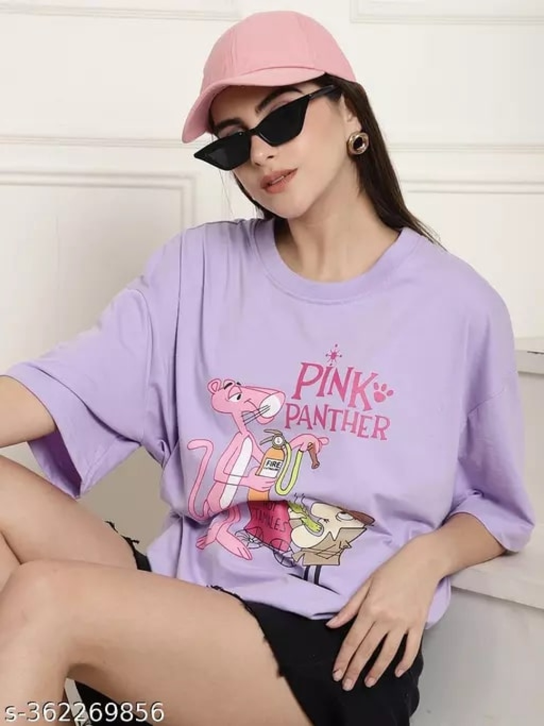 

GLITO Pink Panthar Printed Drop-Shoulder Sleeves Oversized Cotton T-shirt, Purple