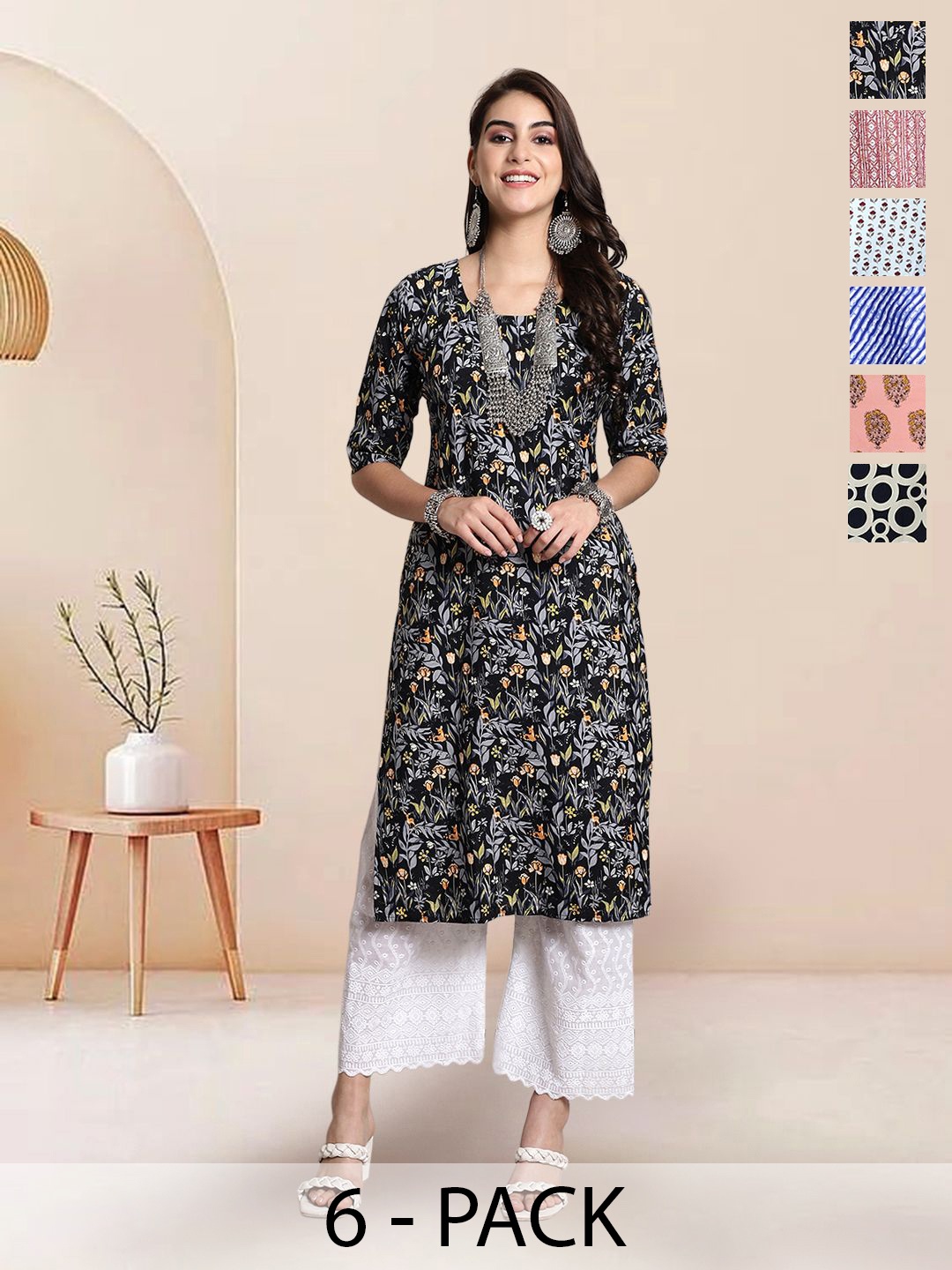 

7Threads Selection Of 6 Floral Printed Round Neck Kurtas, Maroon