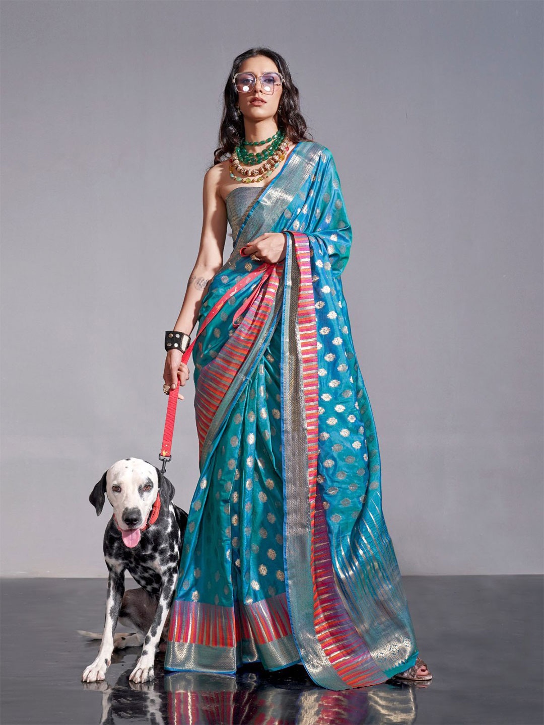 

ODETTE Woven Design Silk Blend Saree, Teal