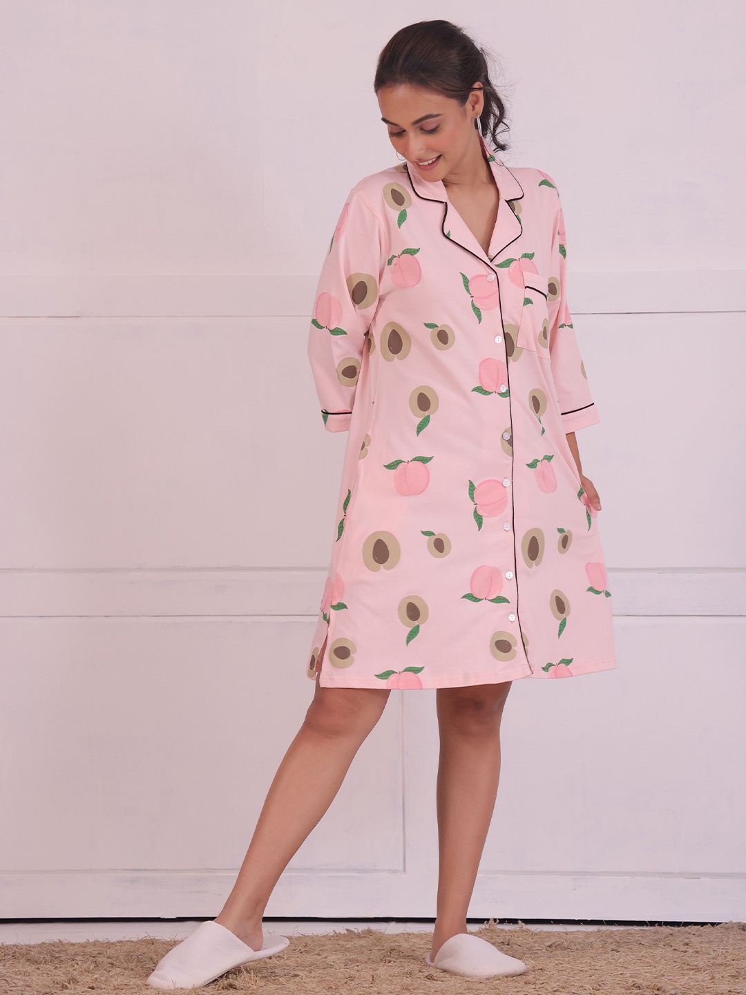 

NAP STORY Peach Printed Sleep Shirt night Dresses