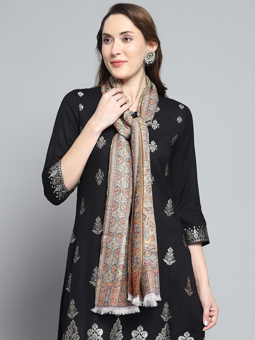 

Monte Carlo Ethnic Motifs Woven-Design Woolen Shawl, Blue