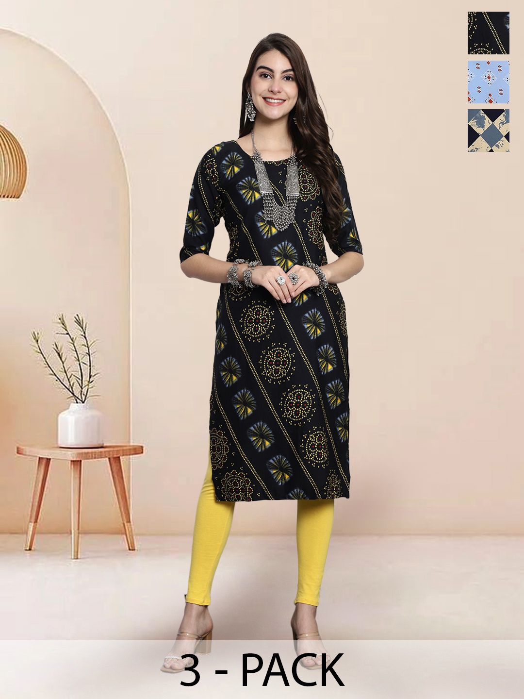 

7Threads Selection Of 3 Ethnic Motifs Printed Round Neck Straight Kurtas, Black