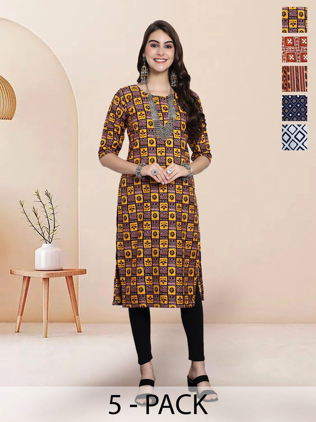 

7Threads Selection of Ethnic Motifs Printed Round Neck Crepe Straight Kurta, Black