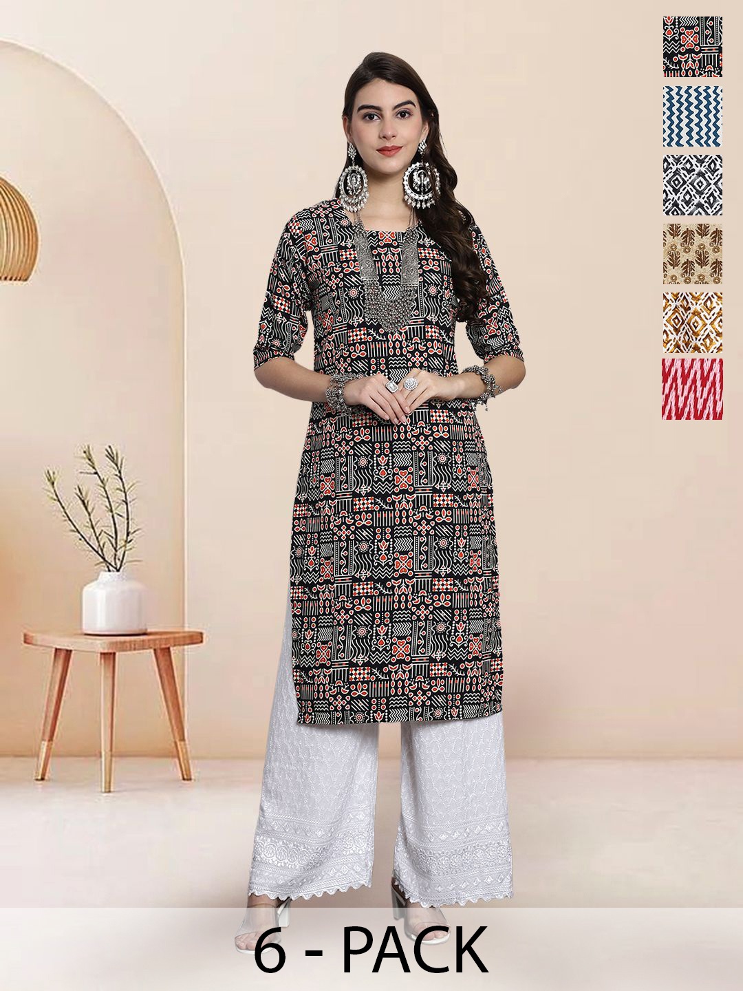 

7Threads Selection Of 6 Ethnic Motifs Printed Round Neck Straight Kurtas, Black