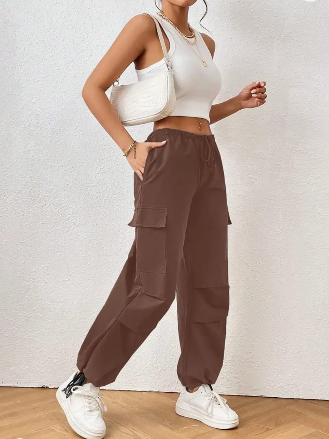 

Next One Women Smart High-Rise Baggy Fit Parachute Joggers, Brown