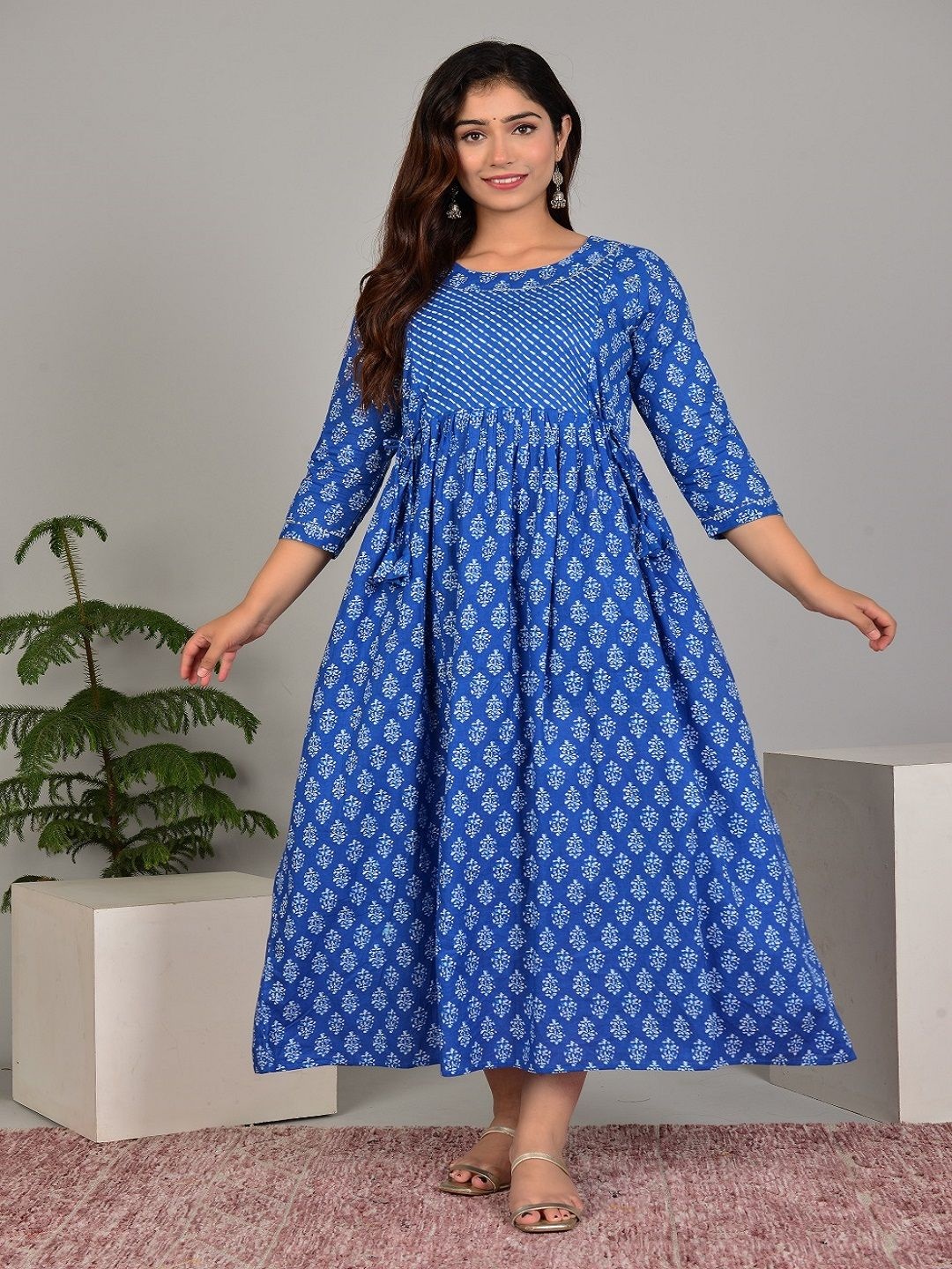 

Nevisha Style Floral Printed Thread Work Maternity Fit and Flare Cotton Ethnic Dress, Blue