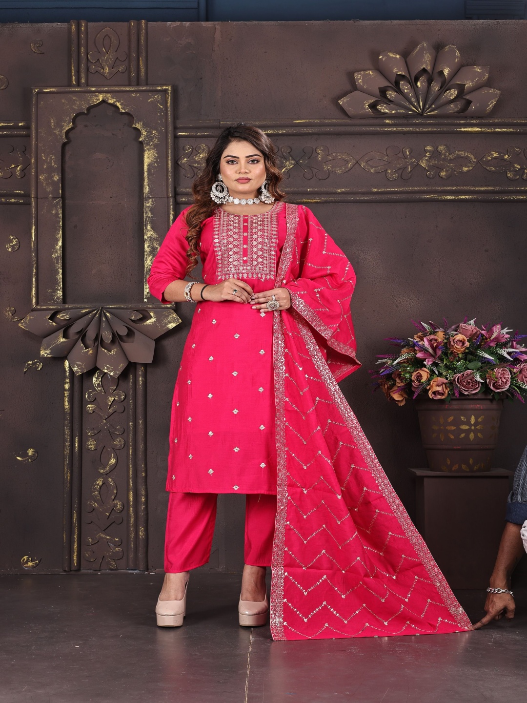 

Maheesha Floral Embroidered Thread Work Straight Kurta With Trousers & Dupatta, Pink