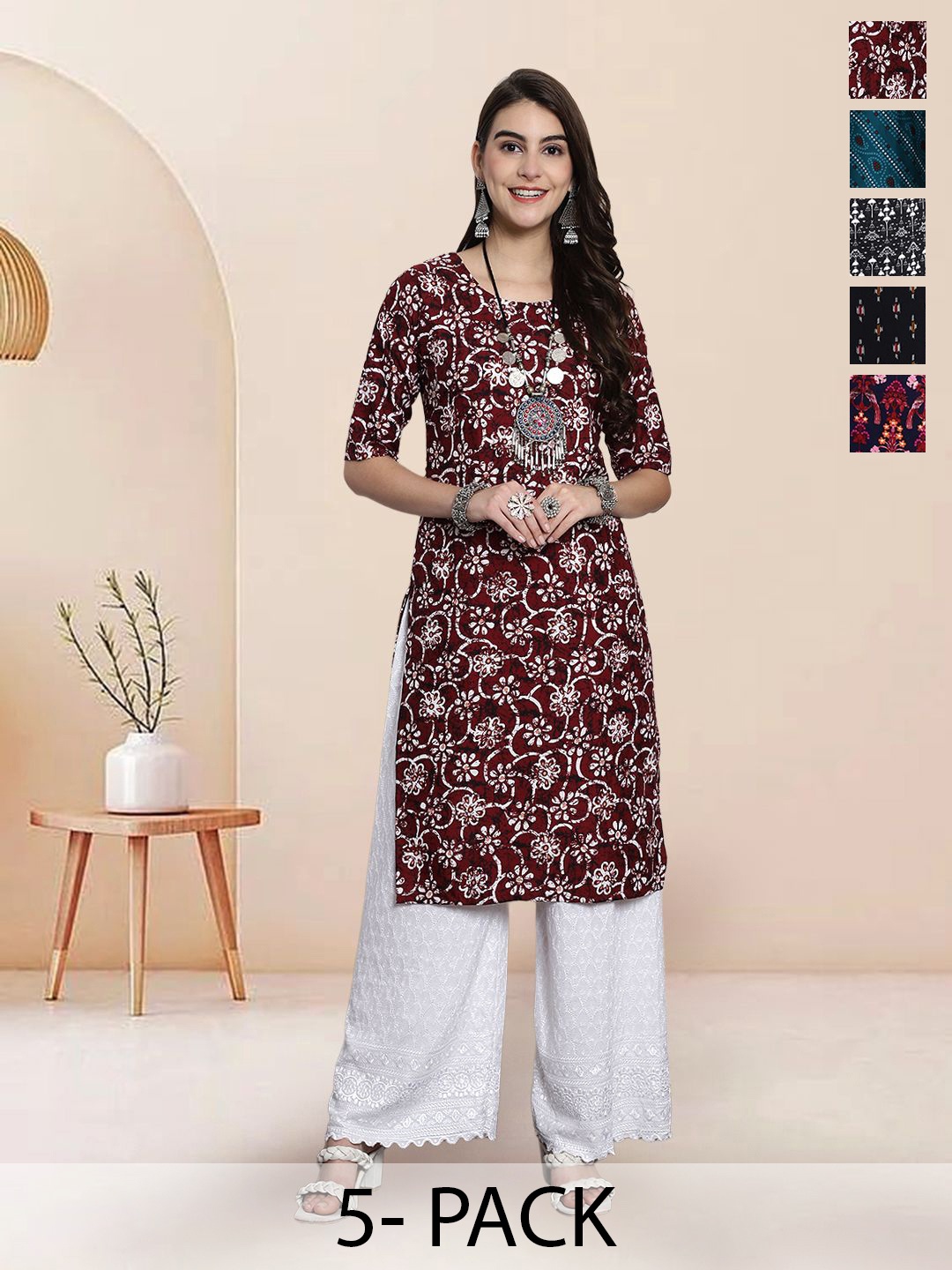 

7Threads Selection Of 5 Floral Printed Round Neck Straight Kurtas, Maroon