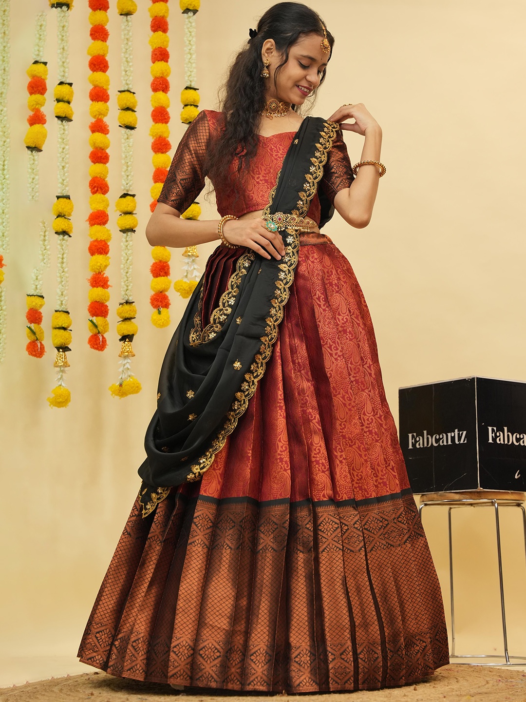 

Fabcartz Floral Woven Design Zari Semi-Stitched Lehenga & Unstitched Blouse With Dupatta, Maroon