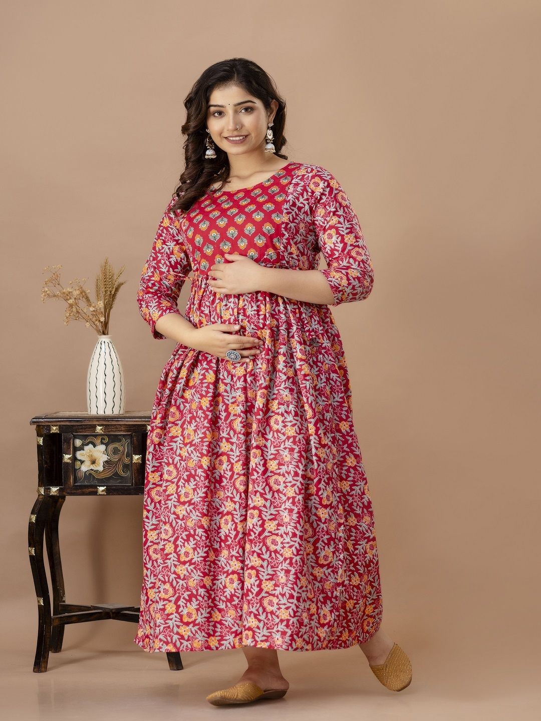 

Nevisha Style Women Floral Printed Thread Work Floral Maternity Anarkali Kurta, Red